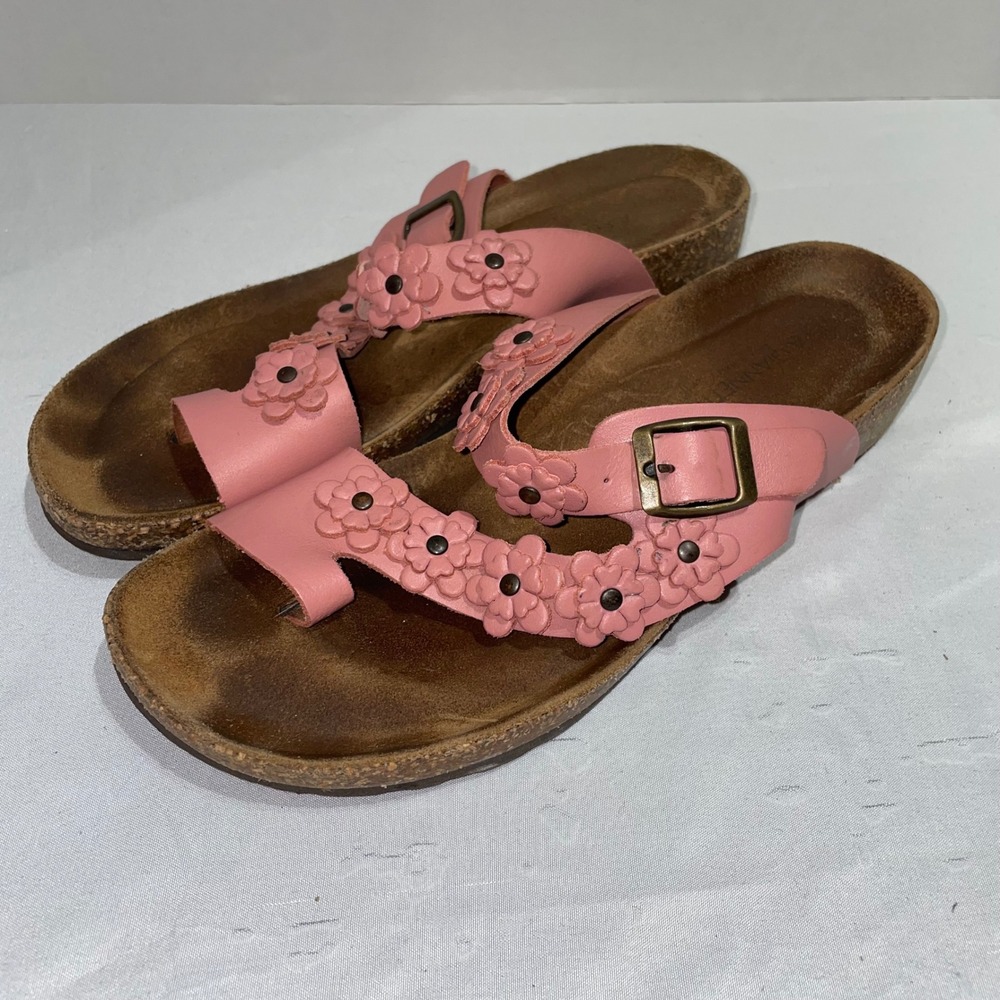 A‎ Giannetti Pink Leather Floral Applique Cork Footbed Sandals Womens Toe Loop